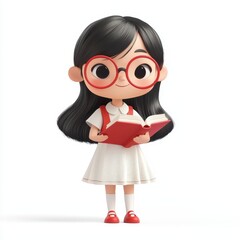 Cartoon Schoolgirl with Big Glasses and a Book in Hand