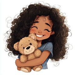 Cheerful Girl with Curly Hair Holding a Teddy Bear in Cartoon Style
