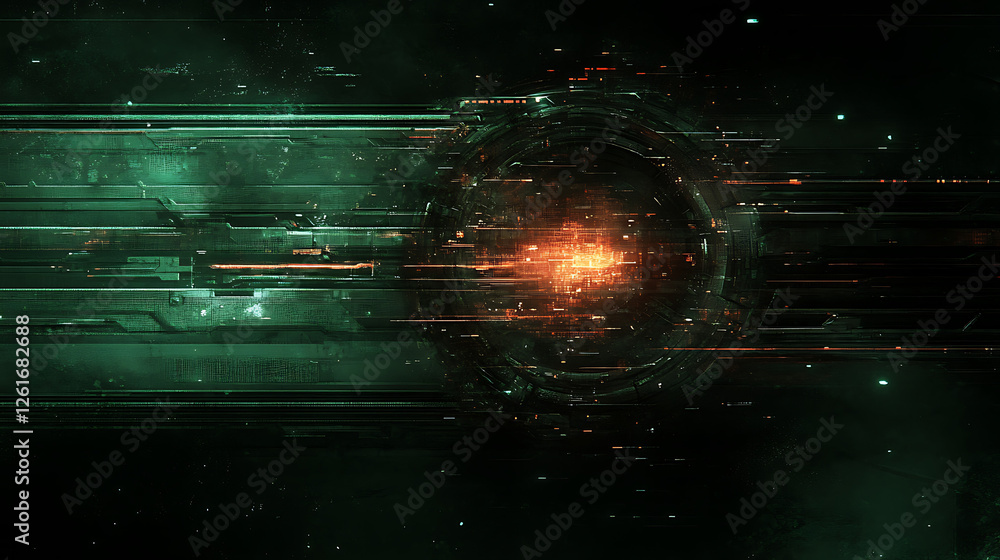 Poster sci fi gate with energy core transitioning space time with green metallic hull and digital debris