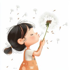 Child Blowing Dandelion Seeds in a Cute Cartoon Style Illustration