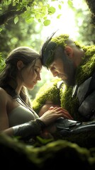 Obraz premium Couple resting, forest glade, tender moment, romantic