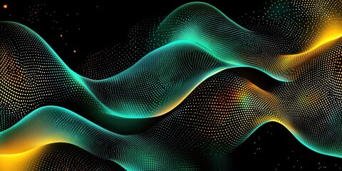 Neon streaks and metallic flashes accentuate the merging gradients of black, emerald, yellow, and teal.