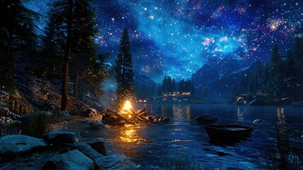 Serene Night by the Lake with Stars and Campfire View