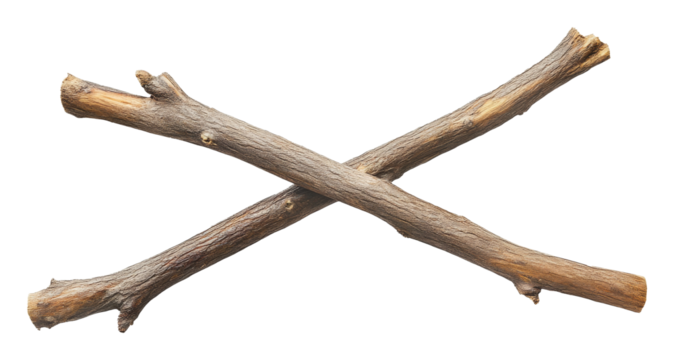 Crossed wooden sticks on transparent background, minimalist concept