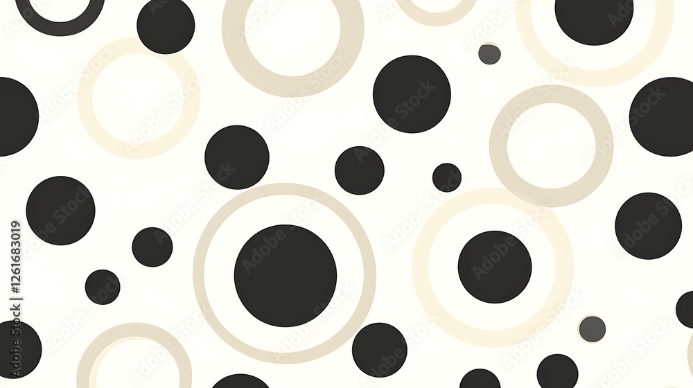 Poster seamless circles pattern with black dots and beige outlines abstract design in retro style