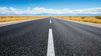 Open Road Leading Into Serene Landscape Under Blue Sky