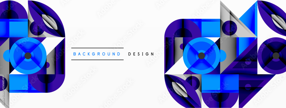 Poster Geometric abstract composition with intersecting shapes, circles, triangles, and gradients, blending vibrant colors and dynamic contrasts to create a modern, futuristic visual design