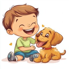 Cheerful Child Playing with Happy Puppy in Fun Cartoon Style