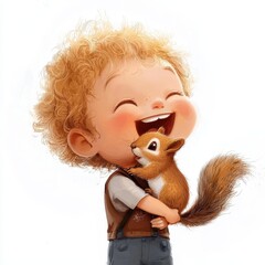 Playful Child Laughing with Squirrel in Cartoon Style Illustration