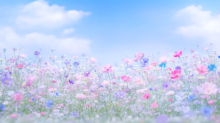 Serene Cosmos Flower Field Blooming Under a Pastel Blue Sky with Delicate White Clouds