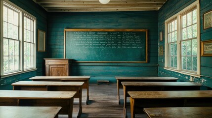 Fototapeta premium Vintage Classroom with Wooden Desks and Chalkboard in Natural Light
