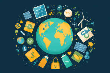 A flat design vector illustration of Earth surrounded by eco-friendly icons