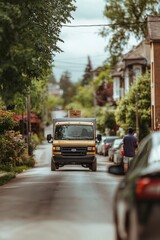 Obraz premium A small autonomous delivery van moves through a quiet suburban street. Its sensors and cameras scan the surroundings for safe navigation