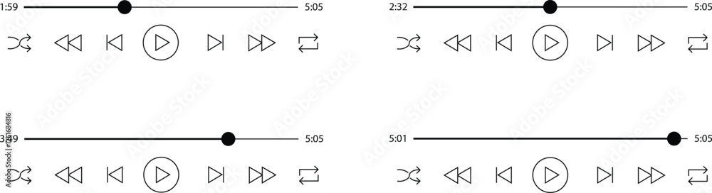 Poster multimedia video and music player outline buttons icons set. video streaming frame on internet, mode