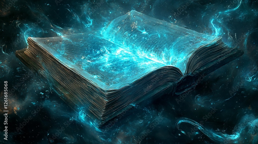Poster mystical open book with glowing blue light amidst a cosmic background creating a magical atmosphere