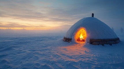 A Warm Fire Burning Inside a Snow Igloo with a Cold Winter Landscape at Dusk. Generative AI
