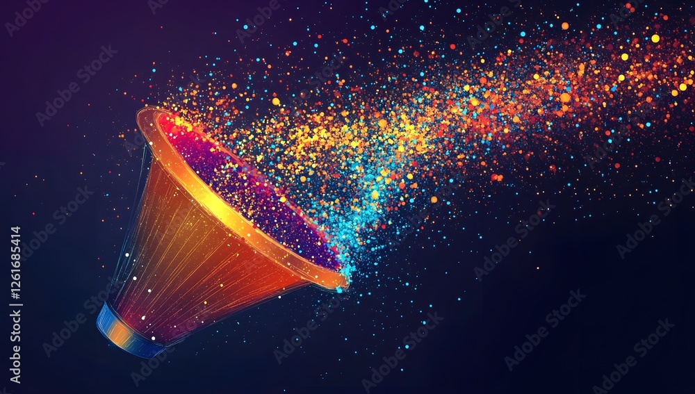 Poster colorful particles flowing through a funnel