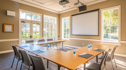 Fototapeta premium A bright, professional-looking training or presentation room with a sturdy wood table, ergonomic seating, and a large blank screen set up for digital content, surrounded by natural lighting.