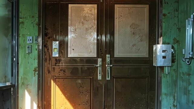 Video footage of Old rusty double doors in a green, weathered wall of an industrial setting, with various control panels, creating an atmosphere of abandonment