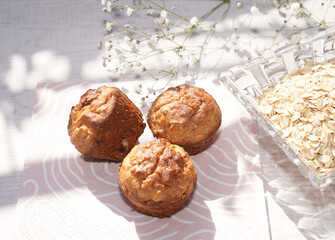 Homemade Oatmeal cake with bright background.