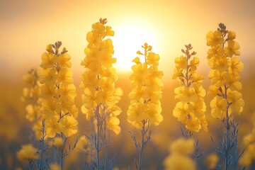 Obraz premium Close-up of Rapeseed Flowers in a Yellow Field with Blurred Background. Macro Photography on a Sunny Day Showcases Soft Light and Bright Colors.