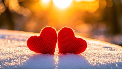 Fototapeta premium Romantic winter scene with red fabric hearts on snowy ground illuminated by warm sunlight