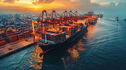 Cargo Ship at Sunset