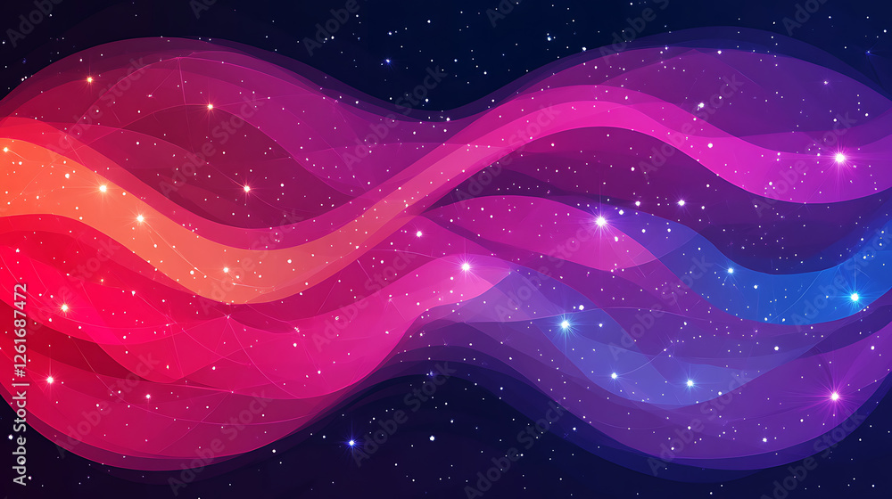 Poster Starry Gradient Wave Nebula Background Design with Smooth Lines and Glittering Particles Effect