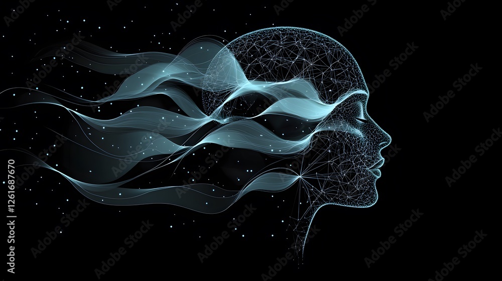 Poster digital face profile constructed with glowing lines and waves