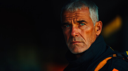 Obraz premium Portrait of a firefighter cross arms, male, old, White, with a short cropped haircut and gray streaks.