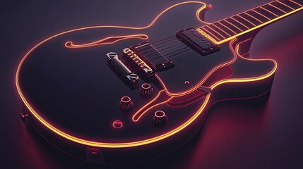 Electric guitar with glowing neon outlines displayed against a dark background, emphasizing its design