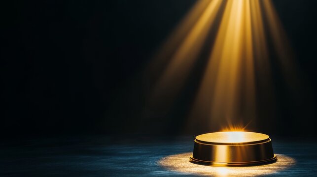 luxurious gold award or trophy pedestal; minimalist, geometric three-step design; dramatic spotlight illumination; dark, shadowy studio environment