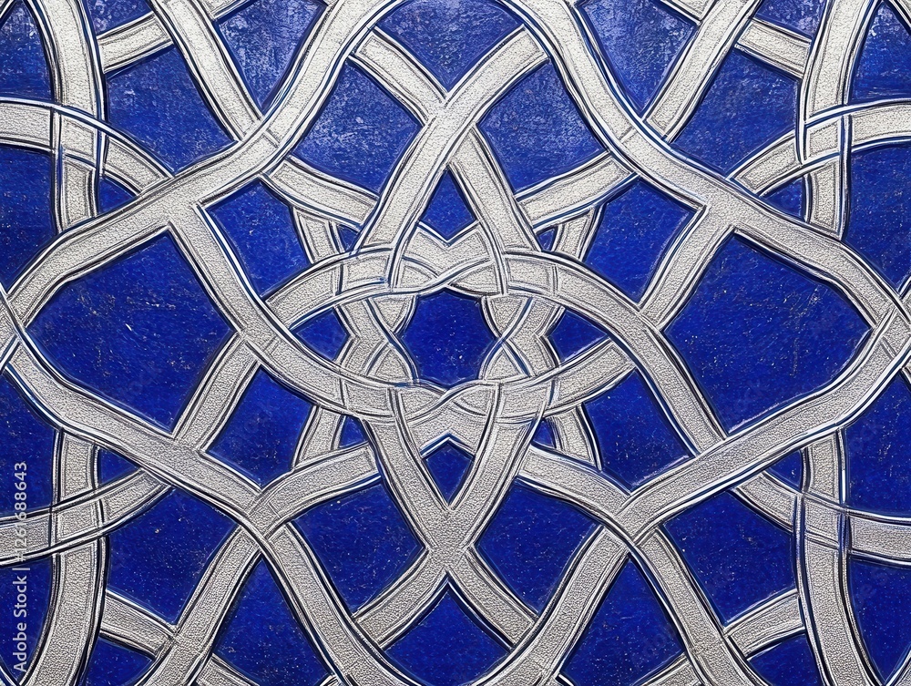 Poster abstract blue and silver geometric pattern with intricate lattice design. sparkling texture and repe