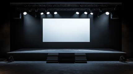Obraz premium A minimalist stage setup with a large white projection screen centered against a dark background, surrounded by spotlights and a raised platform for speakers or presenters.