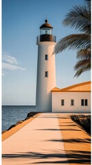 White Lighthouse Near Ocean with Palm Tree and Clear Sky