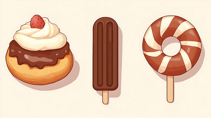 Sweet Treats Trio a Delicious Donut Chocolate Popsicle and Lollipop Dessert Delights Cartoon Style Art