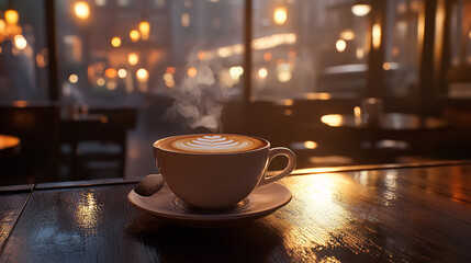 Obraz premium A steaming cup of latte art with foam design on a wooden table in a cozy coffee shop , wooden table