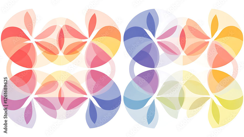 Poster symmetrical abstract flower pattern with colorful gradient petals and overlapping circular design