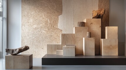 Organic wood display arrangement, stepped cube podiums, natural birch texture, contemporary product stages, architectural exhibition blocks, clean minimal design, premium retail platforms, warm