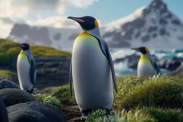 Fototapeta premium Penguins on an island surrounded by grass, rocks and sea.