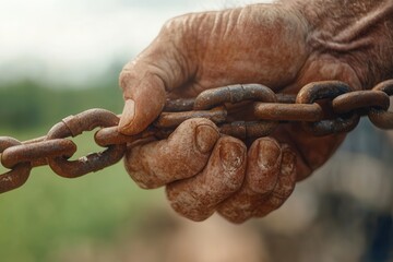 Weathered hand gripping an old chain in a rustic setting.