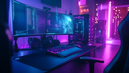 Naklejka premium Neon Gaming Desk, Triple Monitor Setup, Coding, Metaverse