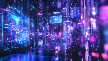 Futuristic server room with glowing digital interface