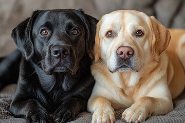 Fototapeta premium Happy Dogs Lying Down: Black and White Dog with Cream Labrador Retriever on Isolated Background. Full-Body Detailed Shot.