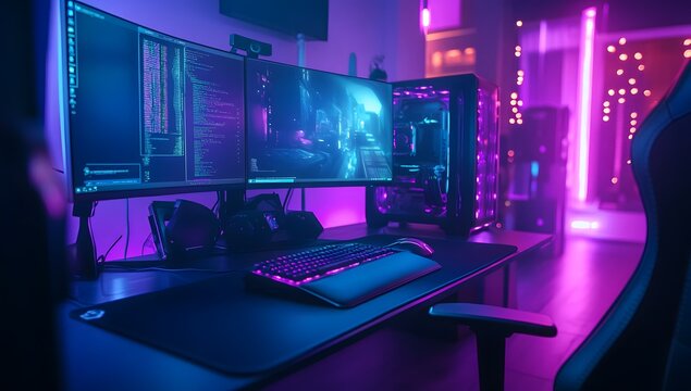 Neon Gaming Desk, Triple Monitor Setup, Coding, Metaverse