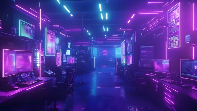 Neon cyber-gaming room interior, futuristic