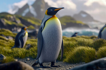 Fototapeta premium Penguins on an island surrounded by grass, rocks and sea.