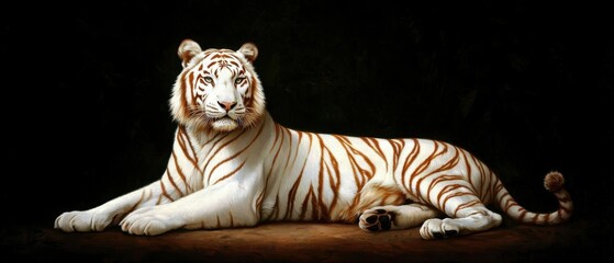Obraz premium A stunning white tiger poses majestically, showcasing its unique coloration against a dark background, highlighting its beauty and grace.