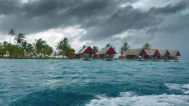 Cloudy rain clouds over San Blas huts stilts houses Panama Guna Yala archipelago