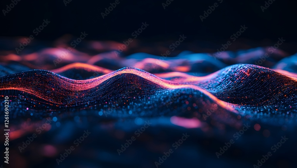Poster Abstract digital waves, dark background, glowing particles, data visualization